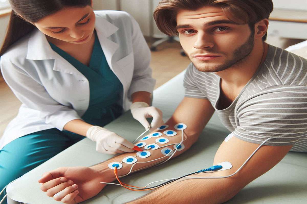 پزشک در حال نصب الکترود روی دست بیمار 
