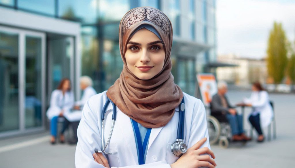 پزشک جوان خانم در جلوی درب بیمارستان - نوبت دهی بهترین متخصص